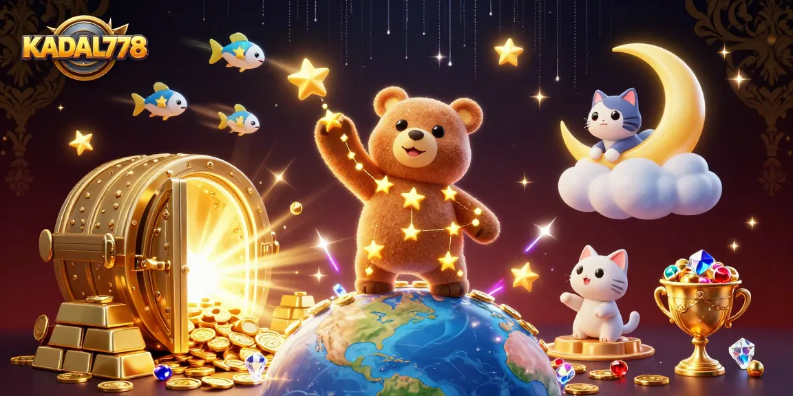 KADAL778 offers a magical gaming experience with golden treasures and playful characters.