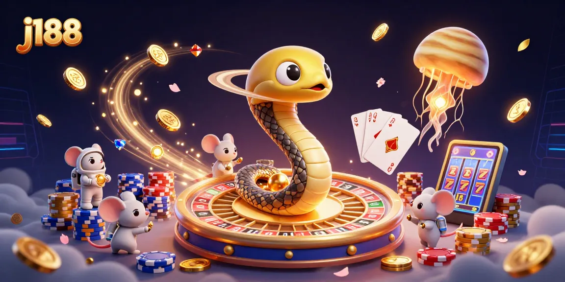 Bet on j188 with a snake roulette wheel and cosmic dealer illustration in a vibrant casino scene.