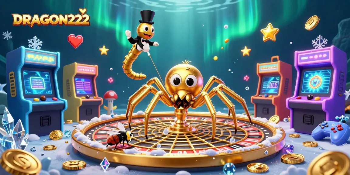 Experience the thrill of gaming at DRAGON222 with a golden roulette wheel and vibrant casino elements.