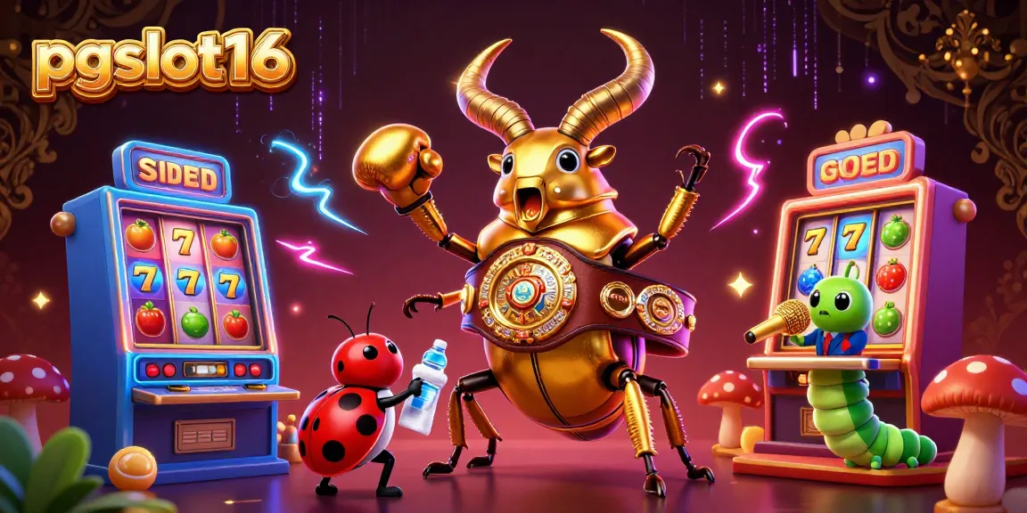Experience the vibrant action of pgslot16 with a golden stag beetle and arcade elements in 3D.