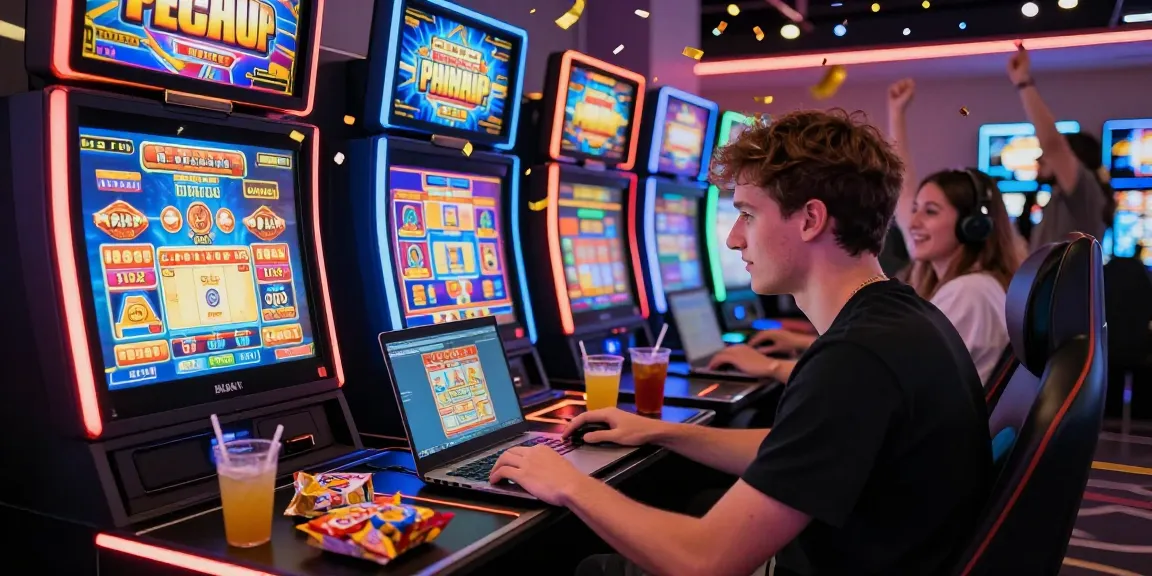 Pemain menikmati permainan slot diana4d dengan mesin slot berwarna-warni dan suasana ceria.