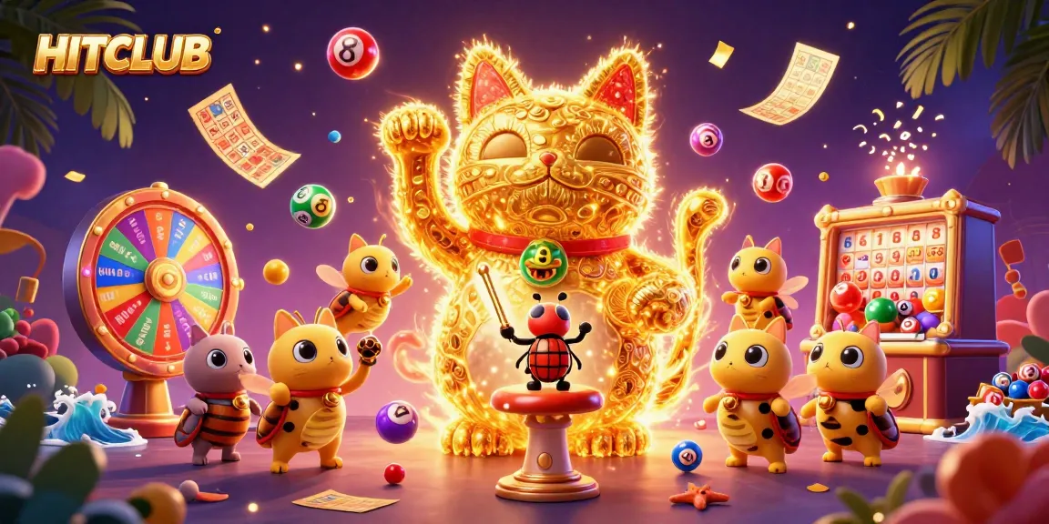 HITCLUB's lucky cat interacts with vibrant casino elements, promising exciting gaming experiences.