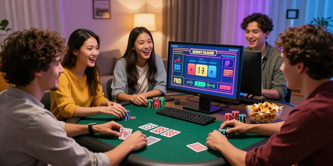 Joueurs enthousiastes en ligne au casino avec des jetons et des cartes sur la table.