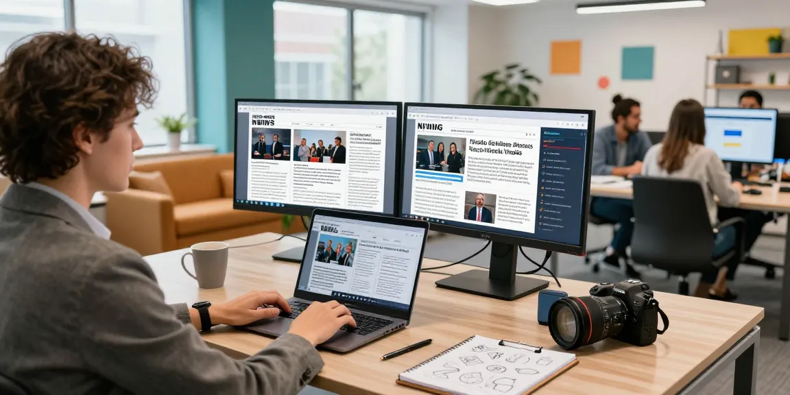 Krista Media Online newsroom with journalists collaborating on news articles in a modern office.