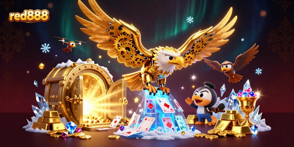 Experience adventures with red888 as the cybernetic eagle dives through a cascade of cards.