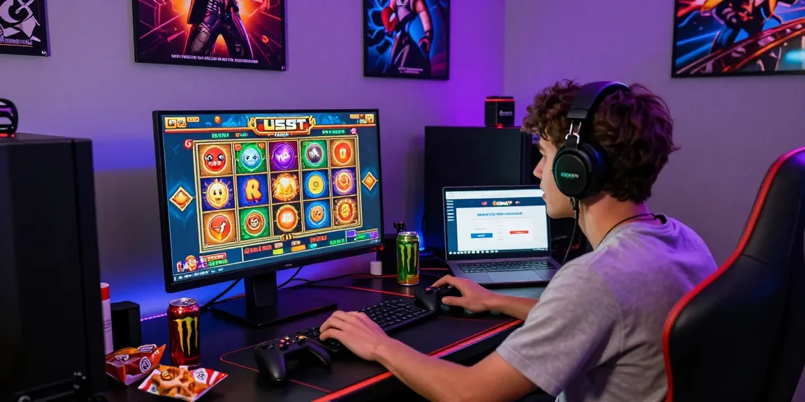 Engaged gamer playing we88 PGSLOT on a vibrant gaming setup filled with colorful graphics and accessories.