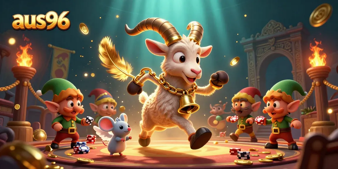 Experience the excitement of aus96 casino with festive characters in a lively gaming scene!