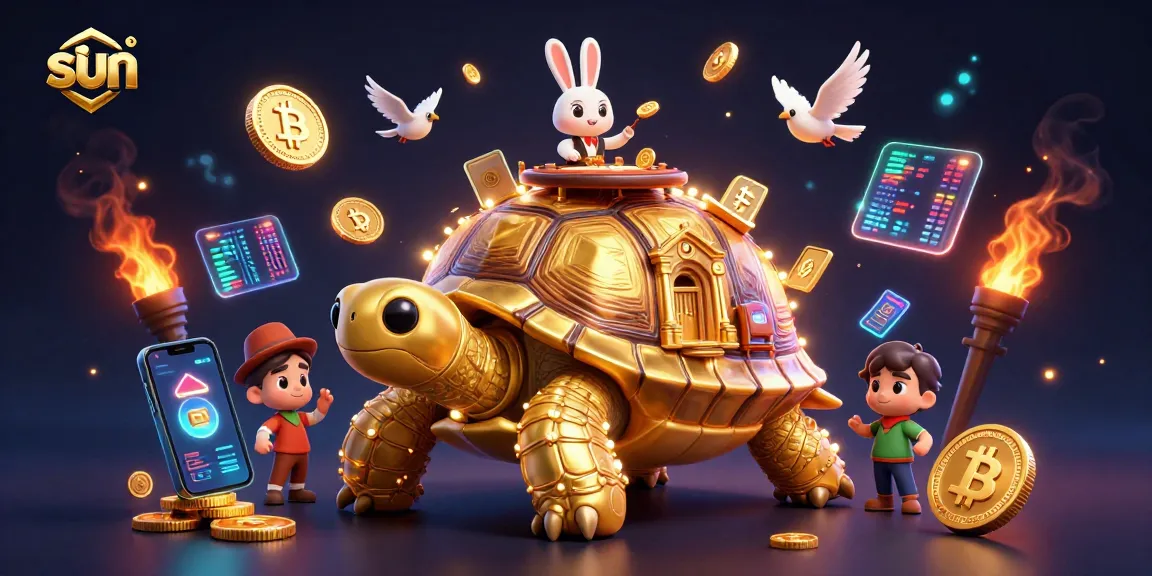Engage in the captivating world of Sun casino with a vibrant 3D illustration showing a golden tortoise and rabbit dealer.