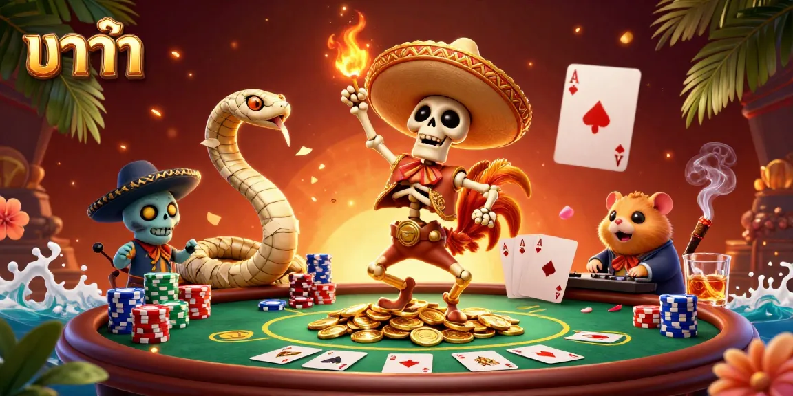 Engage in บาคาร่า excitement with a vibrant 3D scene of characters, poker elements, and golden coins.