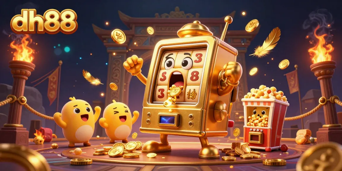 dh88 slot machine hitting a jackpot with coins pouring out, creating an exciting casino scene