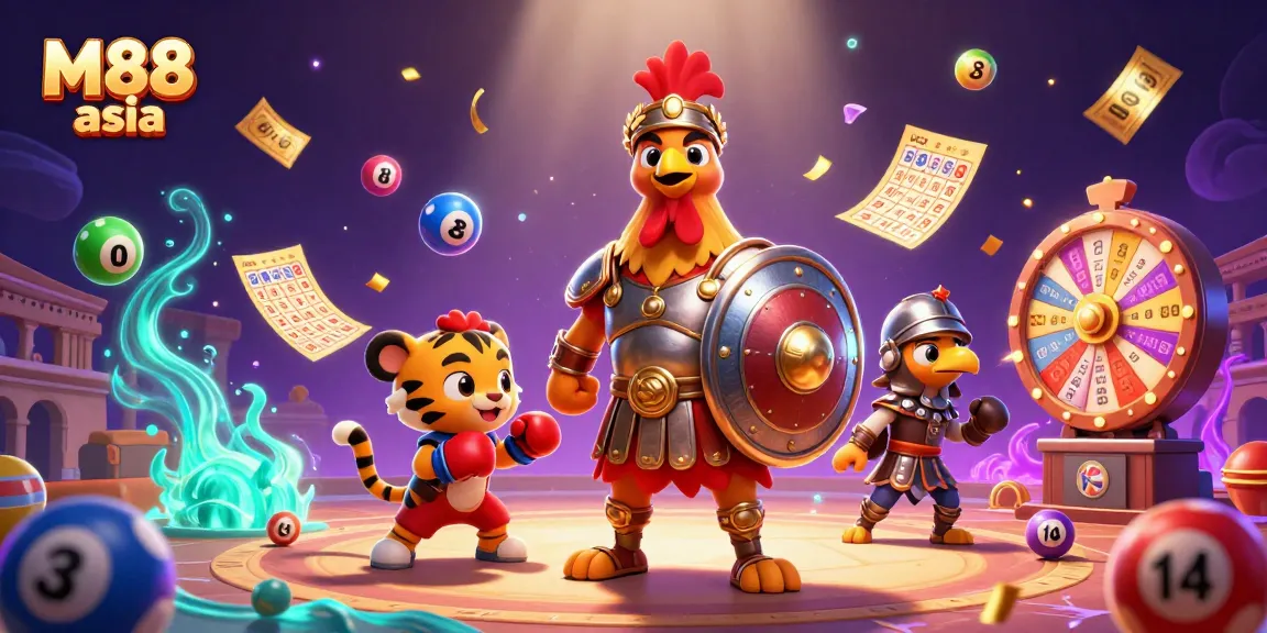 M88 asia showcases a dynamic 3D illustration of a gladiator rooster and tiger cub in a lively gambling arena.