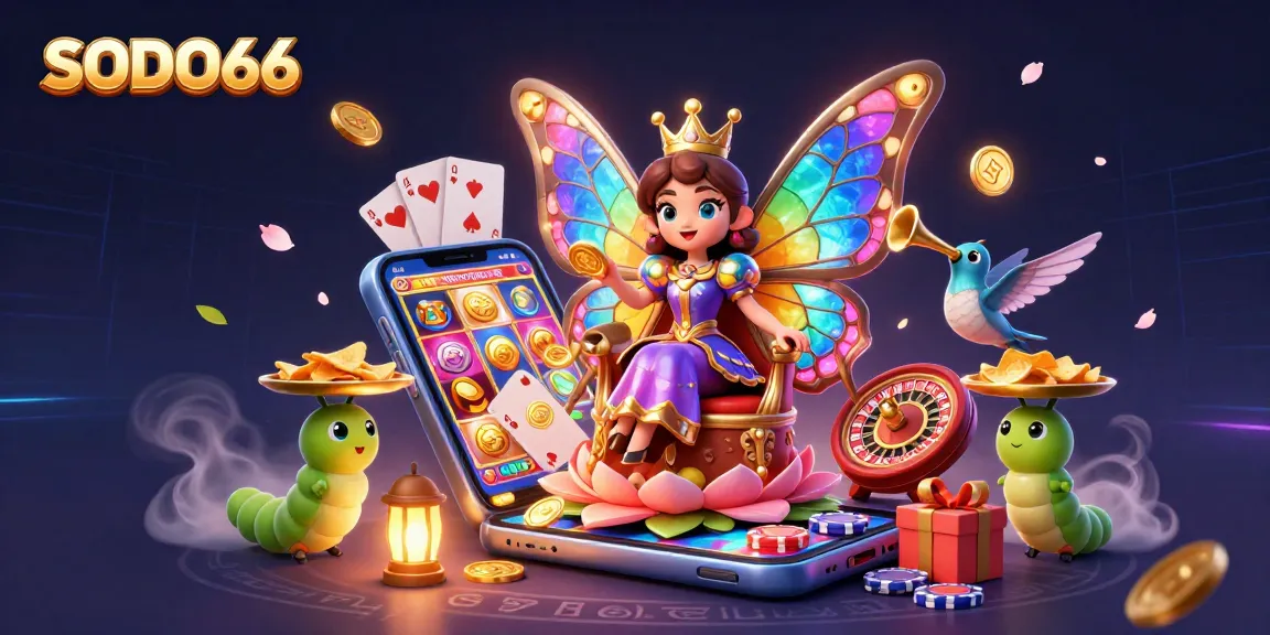 SODO66 players spin vibrant slot reels as a butterfly queen and her entourage celebrate winnings.