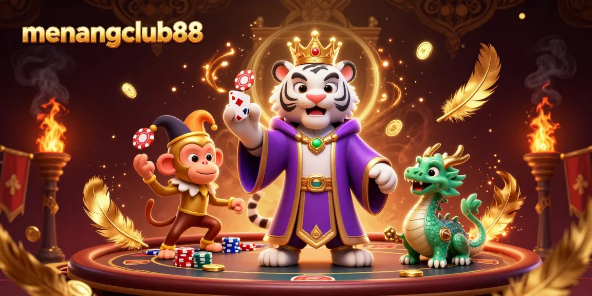 Play exciting casino games at menangclub88 with engaging characters and vibrant elements in a dynamic illustration.