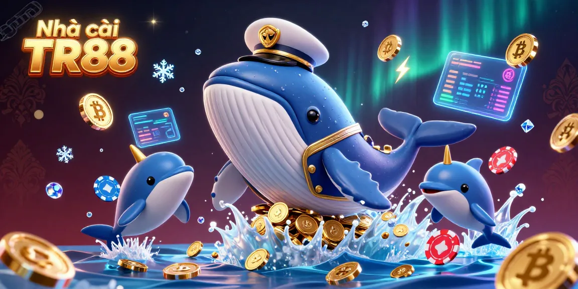 Experience the excitement of Nhà cái TR88 with a whale breaching through coins, showcasing crypto elements.