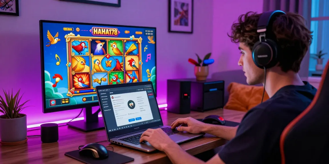 Engaging gamer using the haha178 login on a vibrant digital slot platform with musical bird themes.