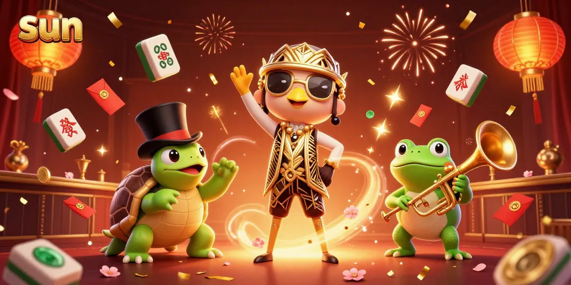 Engage with sun-themed gaming fun in this vibrant casino illustration showcasing 3D characters together.