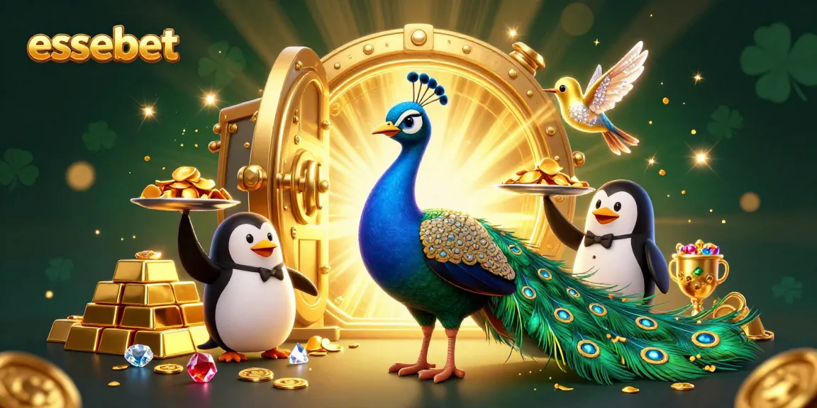 Experience the thrill of essebet with a whimsical 3D casino scene featuring a peacock and treasures of gold.