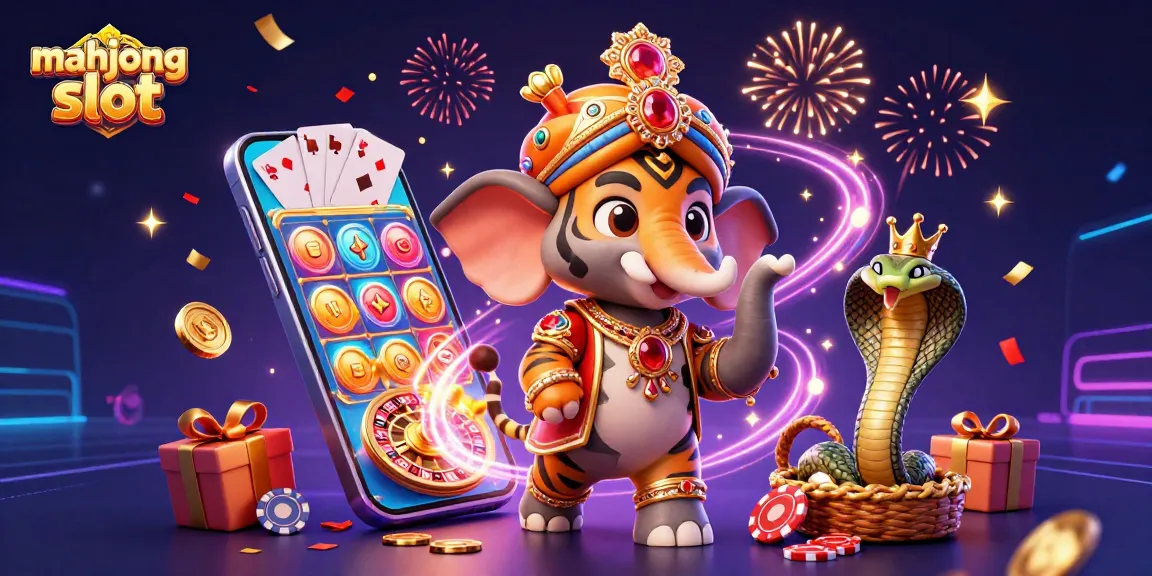 Experience thrill with mahjong slot as vibrant characters celebrate amidst captivating casino elements.