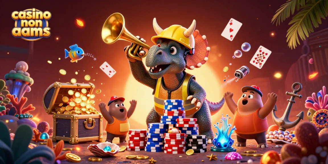 Gioca ai casino non AAMS con un triceratopo, festeggiando la vittoria con monete e carte.