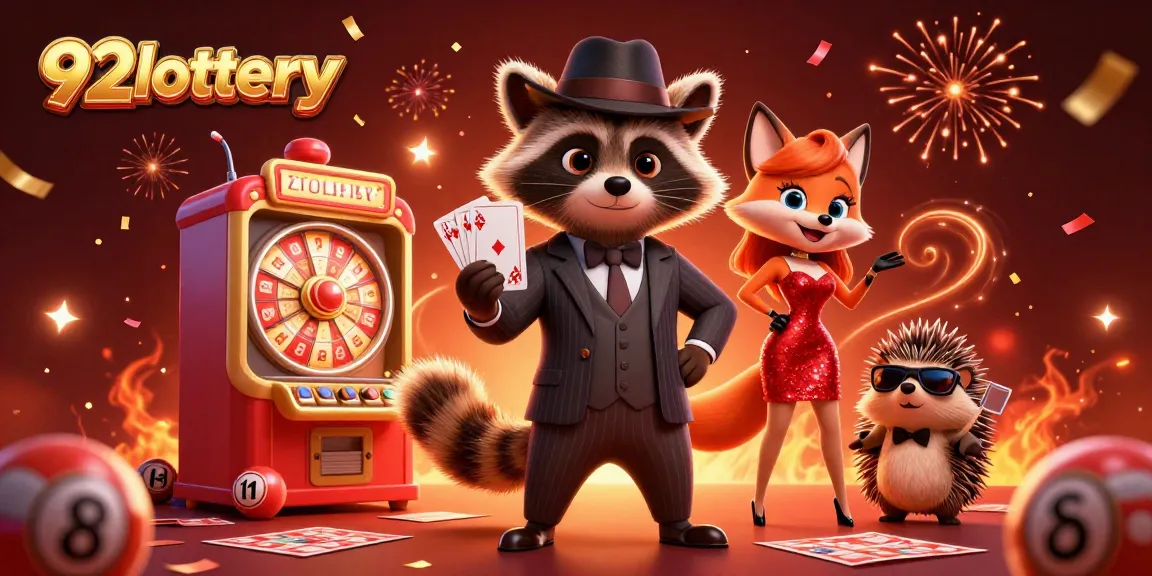 Engage in 92lottery excitement with raccoon, fox, and hedgehog celebrating amidst colorful lottery symbols.