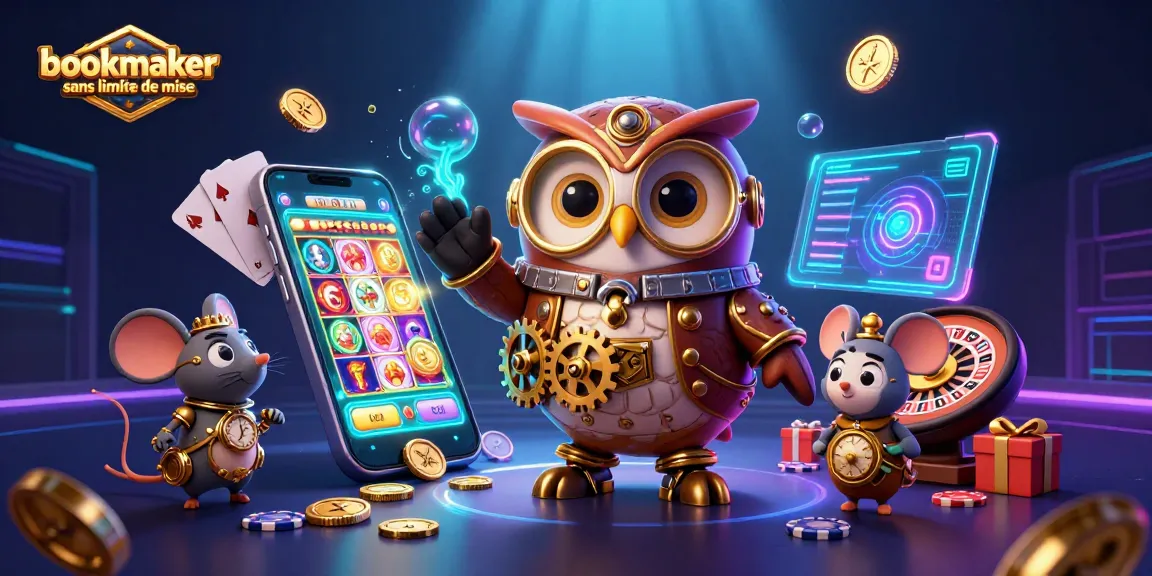 Placer des paris avec un bookmaker sans limite de mise, illustré par un hibou steampunk et des éléments de casino futuristes.