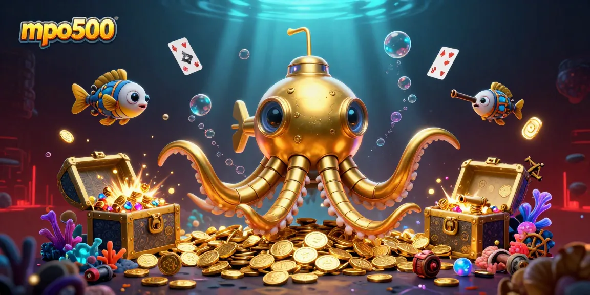 Experience thrilling games at mpo500 with a vibrant underwater scene featuring golden kraken and treasure.