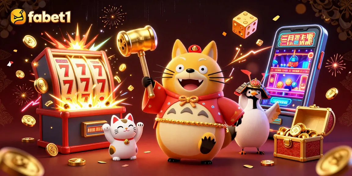 Fabet1 reveals joy with a cheerful tanuki and jackpot-winning slots in a vibrant 3D scene.