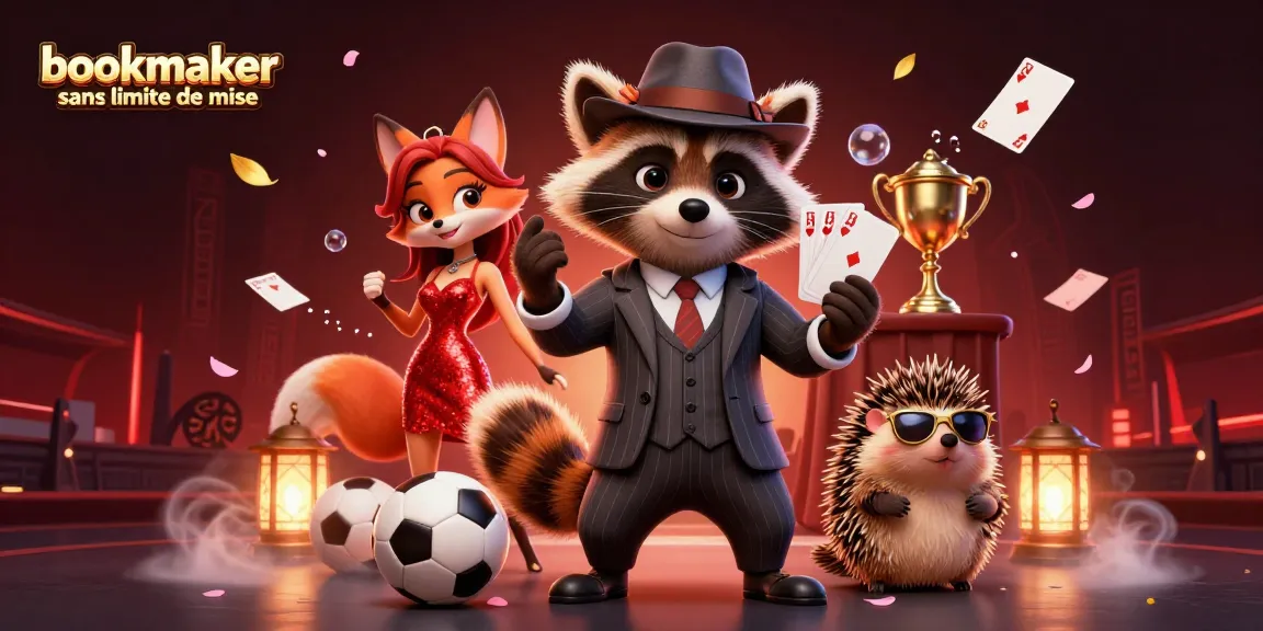 Découvrez notre illustration 3D captivante d'un bookmaker sans limite de mise, avec des personnages de jeu vibrants autour de trophées et de tickets de pari.