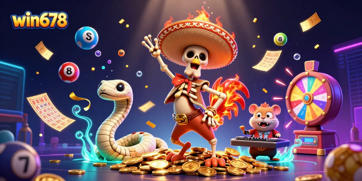Experience excitement with win678's vibrant 3D illustration of a festive casino scene.