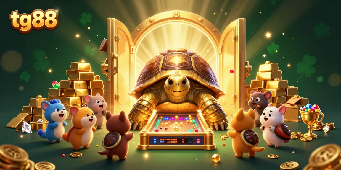 Tg88 players enjoy a 3D digital casino experience, featuring a golden tortoise pinball machine and vibrant treasures.