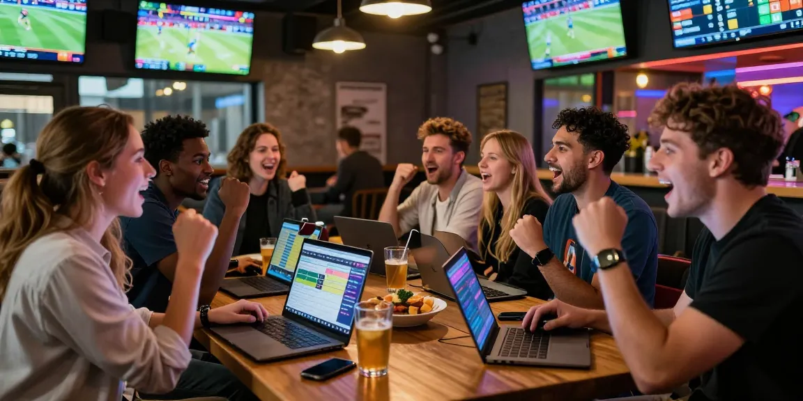 Ambiance festive dans un bar sportif avec des amis analysant les paris chez un bookmaker sans limite de mise.