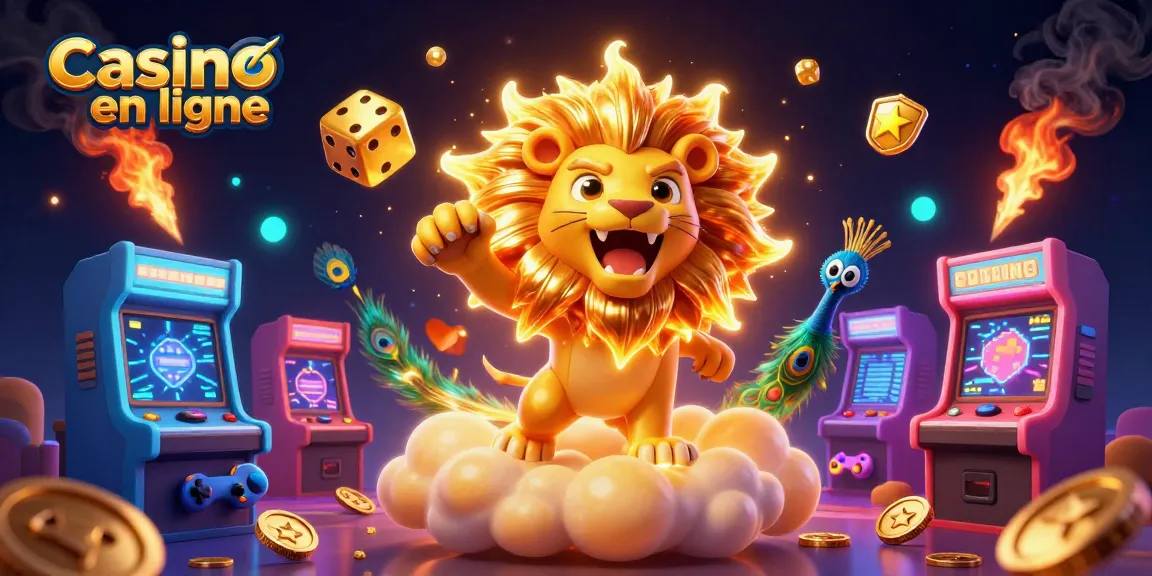Jouez à casino en ligne avec cette illustration dynamique de jeux et de personnages 3D colorés.