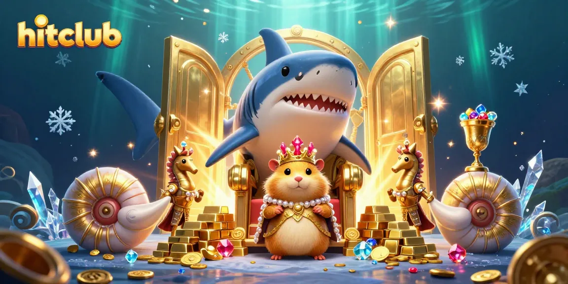 Experience the thrill of hitclub with a vibrant 3D scene featuring a hamster king surrounded by treasure and gaming elements.