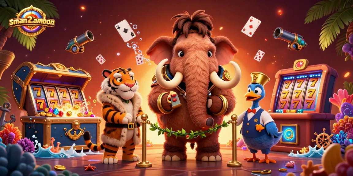 Ilustrasi kasino 3D sman2ambon dengan mammoth, harimau sabertooth, dan burung dodo di tengah permainan