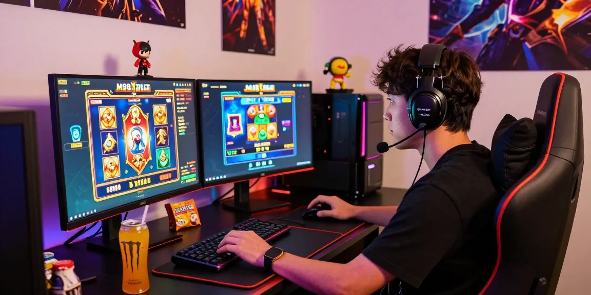M98 สล๊อตเว็บตรง gaming scene with dual monitors, gamer focused on vibrant slot graphics.