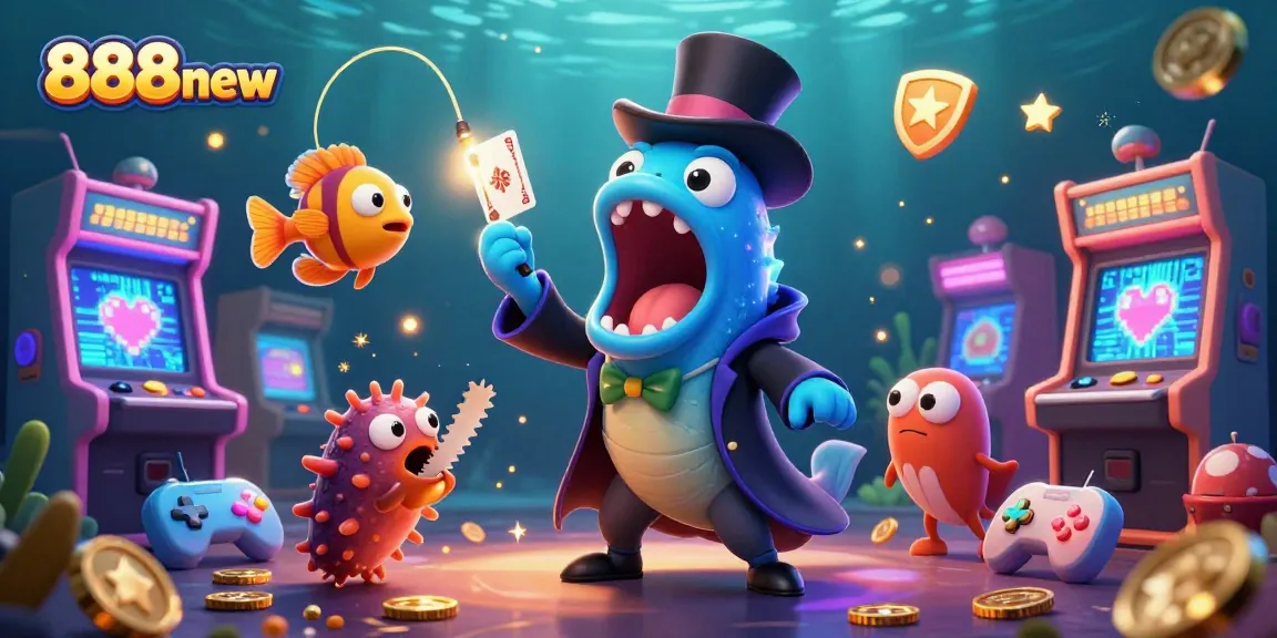 Engage in festive 888new casino adventures as a bioluminescent eel performs magical card tricks surrounded by vibrant gaming elements.