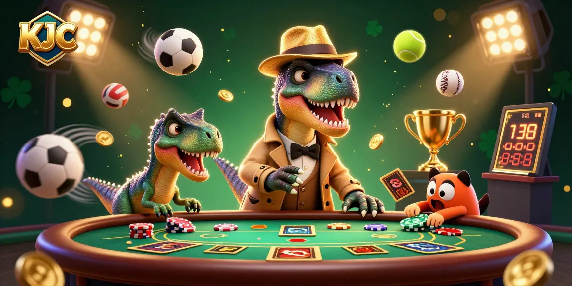 KJC engages players with a playful scene featuring a velociraptor card counter and friends at a blackjack table.