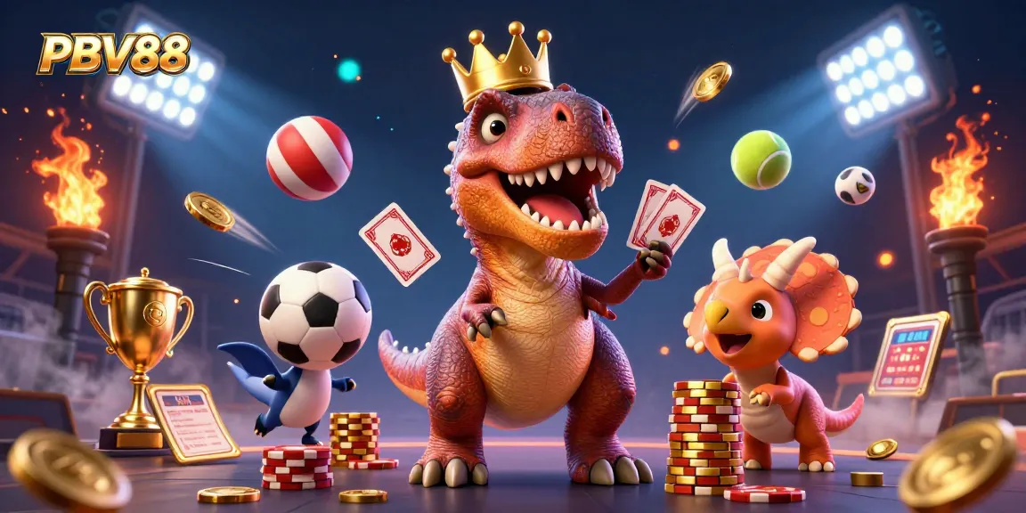 Engage with PBV88 as a T-Rex shuffles cards, alongside a pterodactyl and triceratops in a lively casino scene.