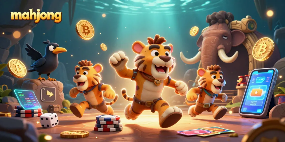 Play mahjong at a vibrant casino scene featuring classic elements and crypto symbols for winning.