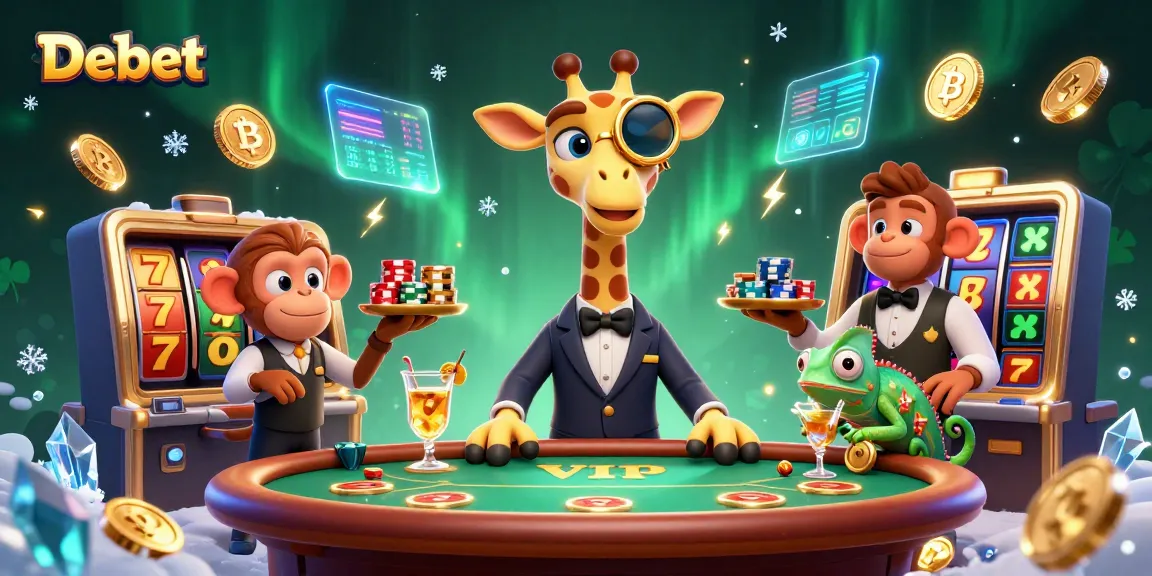 Experience the thrill of Debet with a vibrant casino scene featuring a giraffe and friends at a poker table.