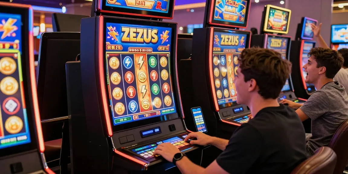 Excited player enjoying the zeus slot game in a vibrant casino setting filled with online gaming devices.