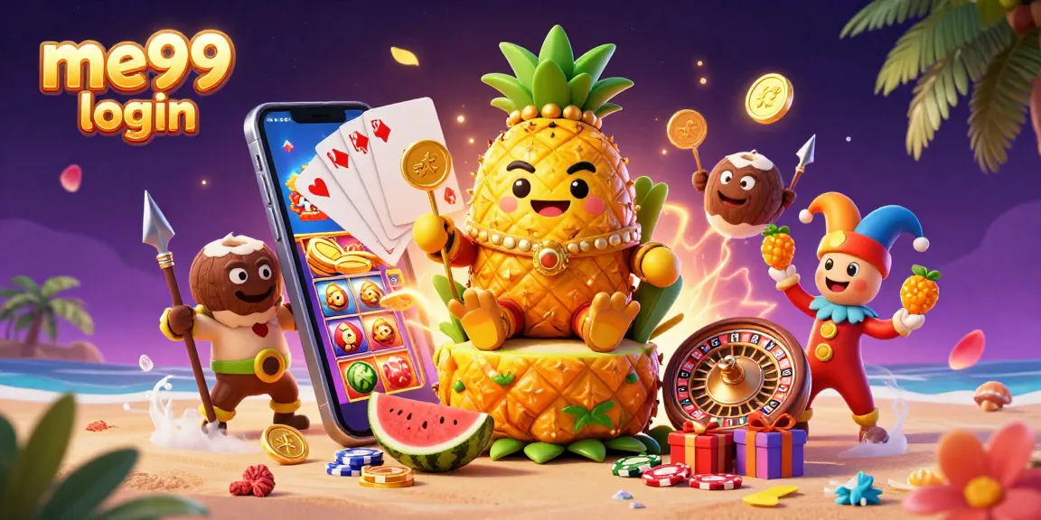 Engage with me99 login to access colorful slot games and treasures in this vibrant 3D casino illustration.