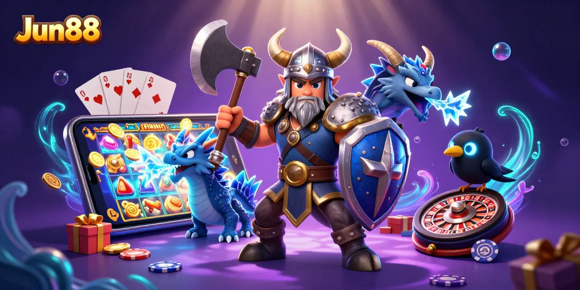 Spin winning reels at Jun88 with a Viking warrior and fierce dragon in a vibrant, magical casino scene.