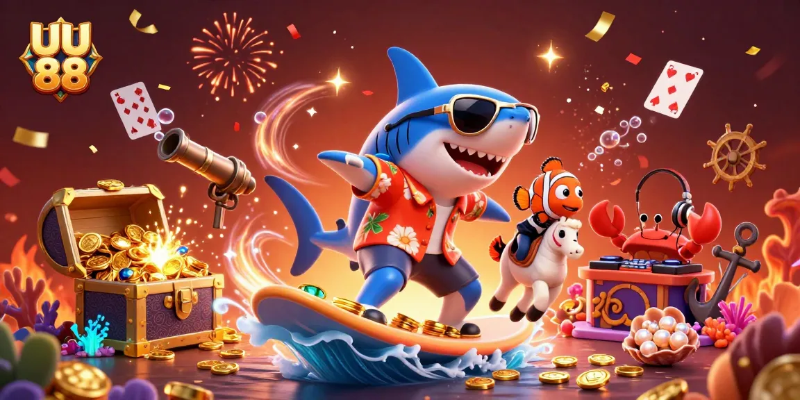 Experience exciting gameplay with UU 88, featuring a shark surfing in gold coins surrounded by vibrant casino elements.