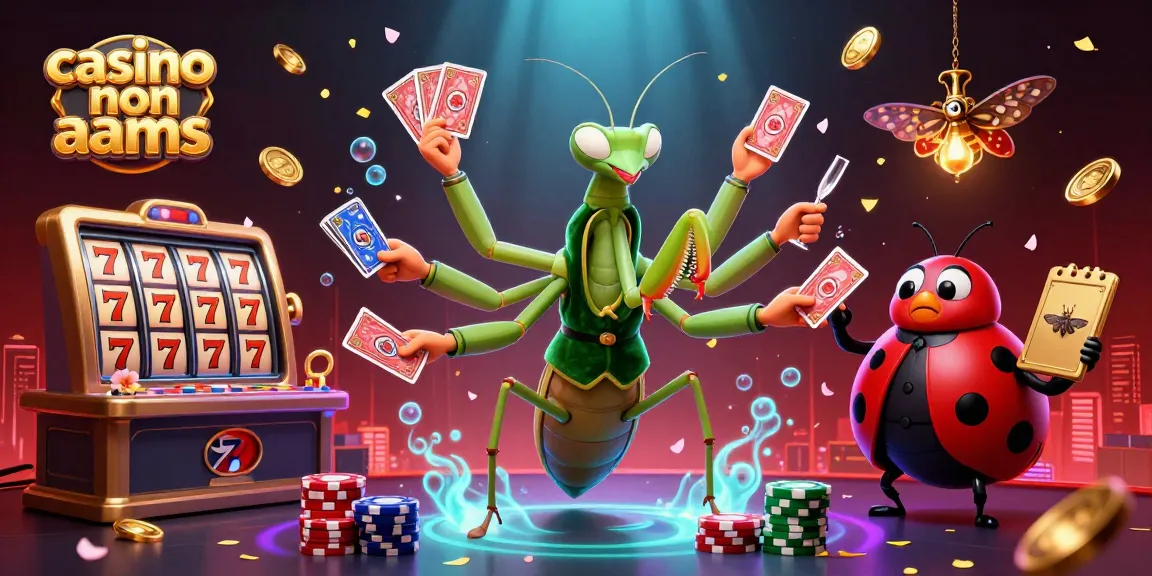 Visualizza un'illustrazione animata di un casino non AAMS con un cameriere carta e un pit boss tra simboli di gioco.