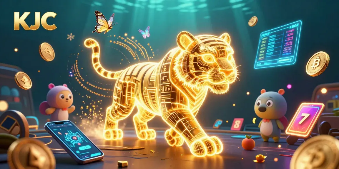 Experience KJC's dynamic casino world with a glowing golden tiger and holographic elements.