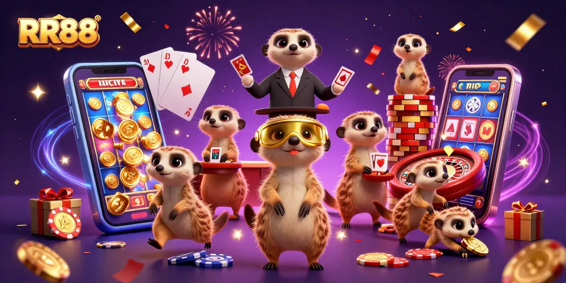 Exciting scene at RR88 casino with meerkats managing games and sneaking chips, showcasing vibrant gambling action.