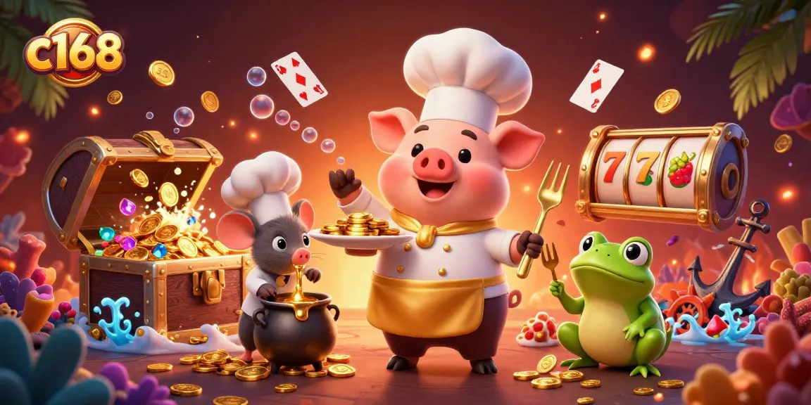 Experience the vibrant playfulness of c168 with our chef pig showcasing gold coins and slot elements in a casino-themed scene.