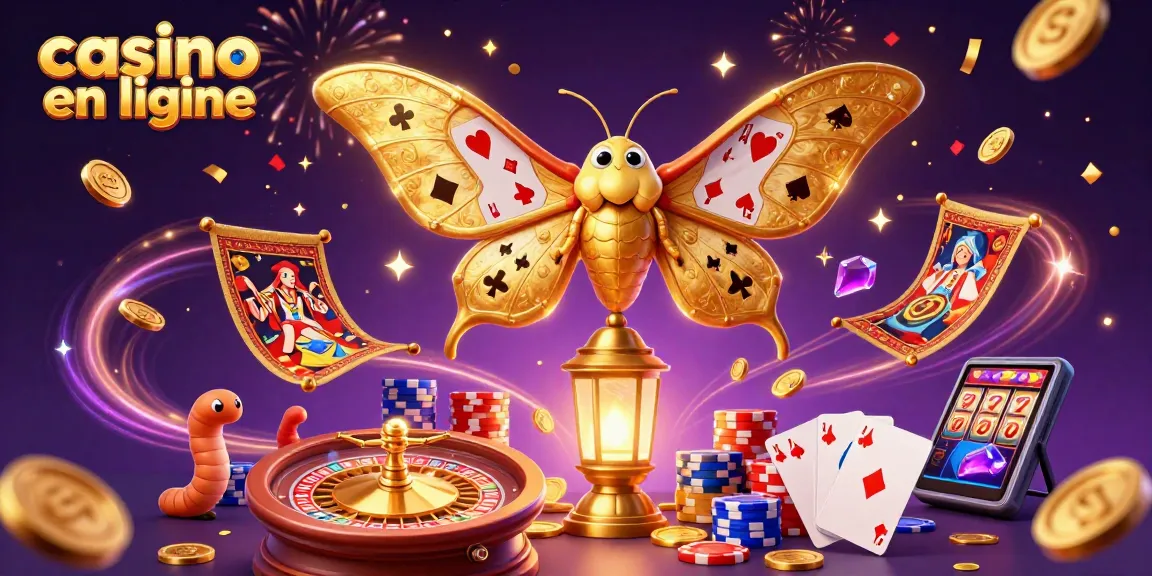 Jouez à casino en ligne avec ce spectaculaire phasme aux ailes dorées et des pièces dorées entourant des jeux.