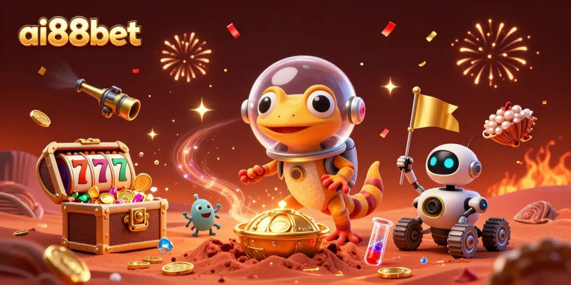 Experience the excitement at ai88bet with a Martian gecko discovering a golden casino on Mars!